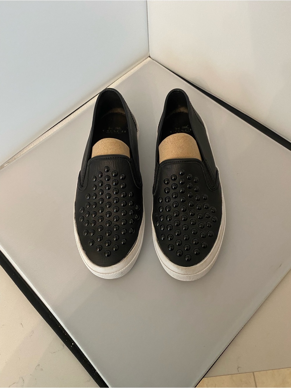 Coach Chrissy Rivets Studded Slip On Black Leather Sneaker,size 8.5